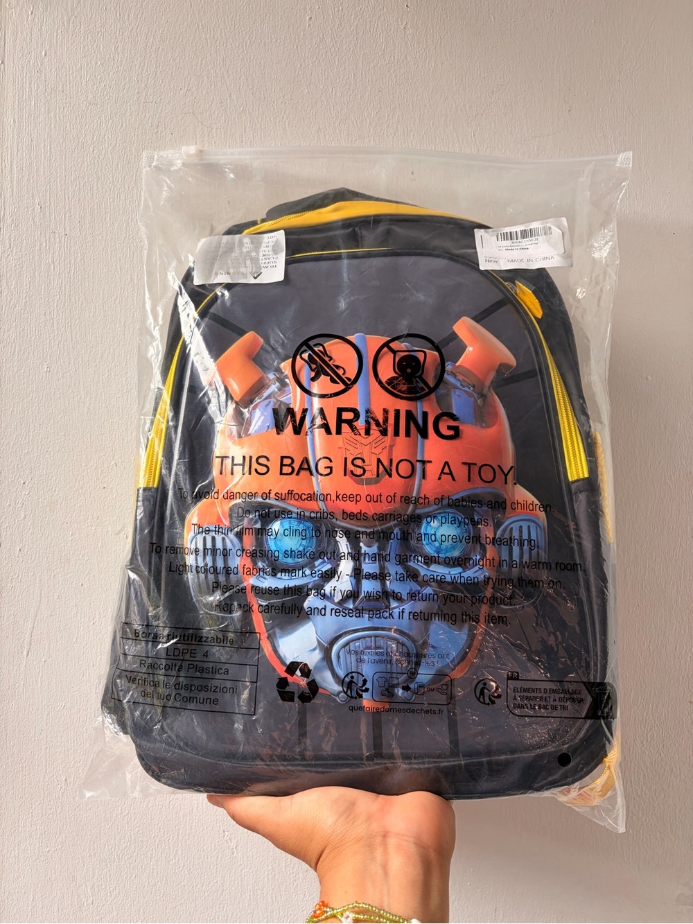 Kids Black and Yellow Backpack with Blue Character Panel -